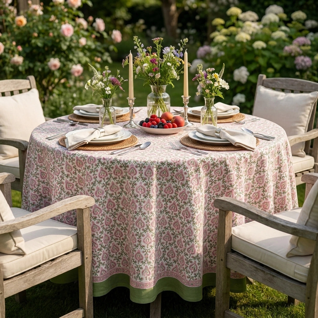 A round outdoor dining table covered with a pink and green floral tablecloth, surrounded by wooden chairs with cream cushions. The table is set with plates, folded napkins, woven placemats, candles, and floral centerpieces, with a garden background of blooming flowers.