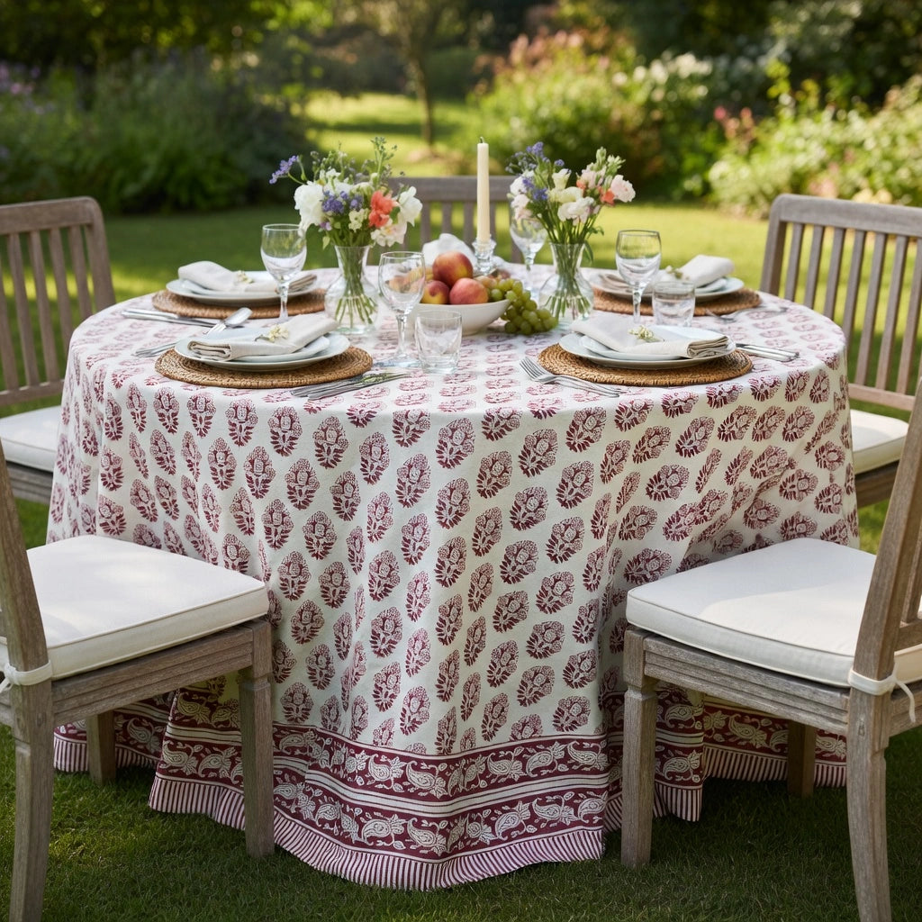 A round outdoor dining table covered with a cream tablecloth featuring a repeating burgundy botanical leaf pattern, set with place settings, glassware, candles, and fruit, surrounded by wooden chairs on a grassy lawn.
