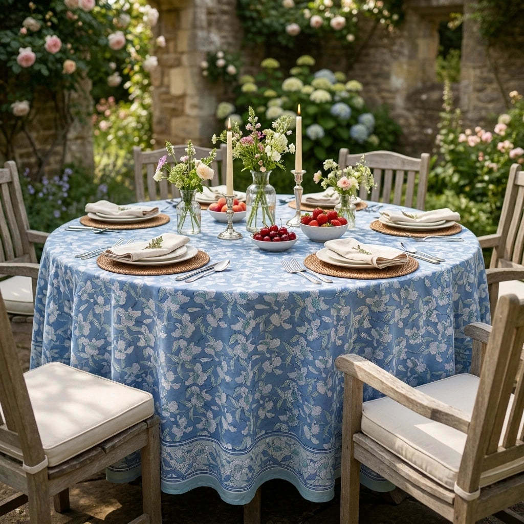 A round dining table set outdoors in a garden with a light blue floral tablecloth, wooden chairs, folded napkins, plates, candles, and small flower arrangements.