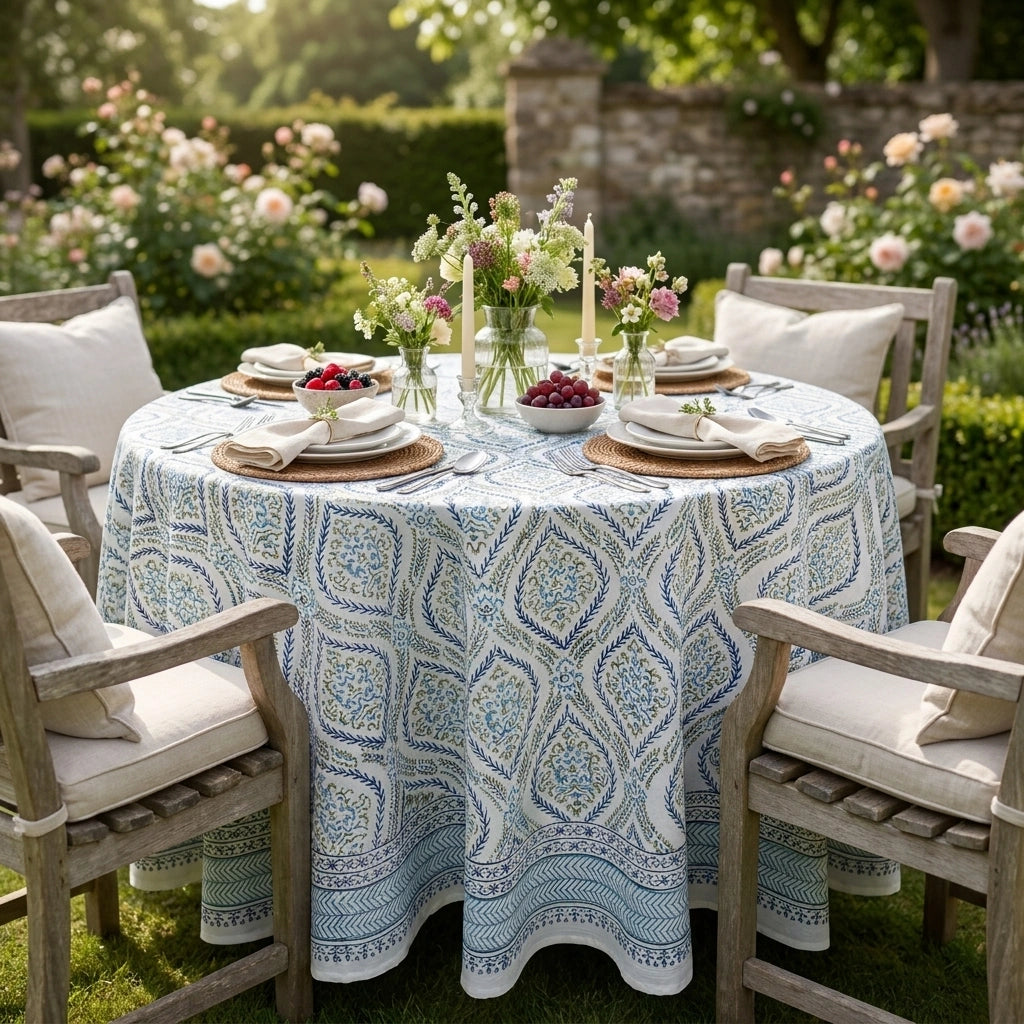 A round outdoor dining table set in a garden with a light blue and white patterned tablecloth, wooden chairs, white pillows, woven placemats, folded napkins, plates, and floral centerpieces.