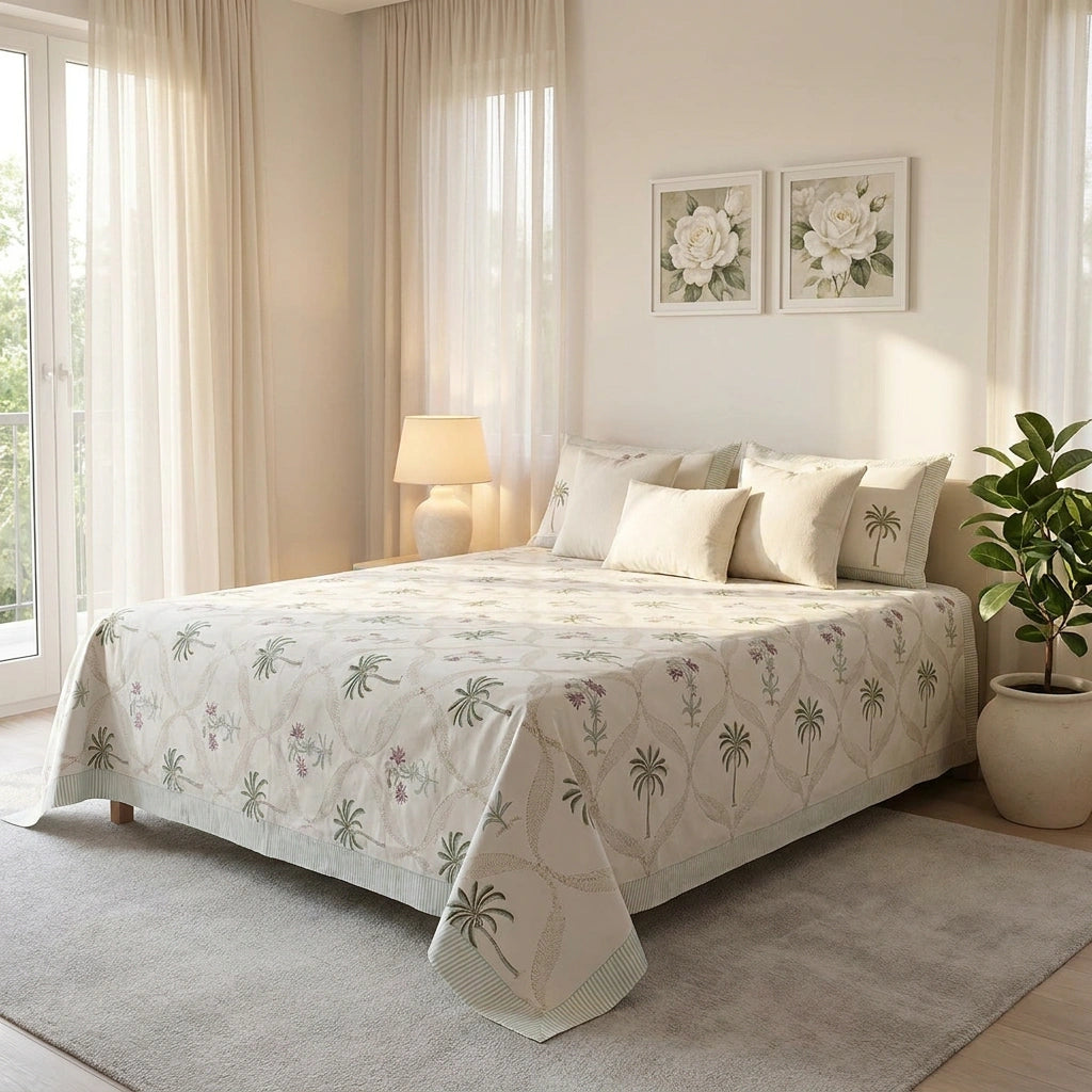 A neatly made bed in a bright, softly lit bedroom, covered with a cream quilted coverlet featuring a green palm tree pattern and matching decorative pillows. The room has beige curtains, a small bedside table with a lamp, two framed floral prints on the wall, and a potted plant on a light rug.
