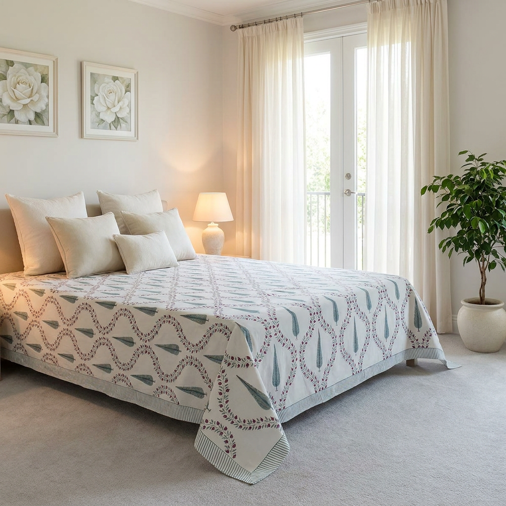 A patterned bedspread with matching pillows in a bright, modern bedroom. The bedspread features a geometric wave design in sage green and brown on a white background.