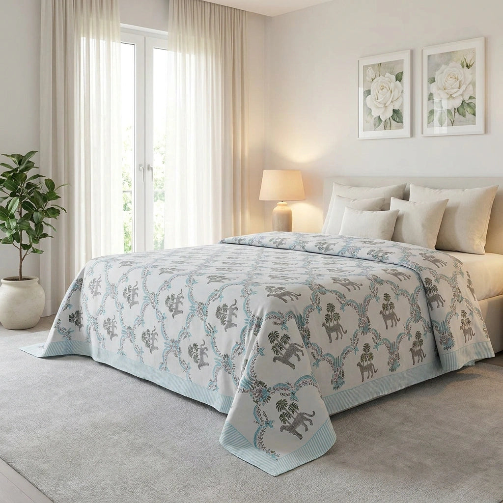 A light blue and gray patterned bedspread with matching pillows and shams styled on a bed in a bright, modern bedroom.