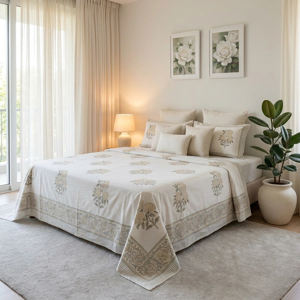 A neatly made bed in a bright, neutral-toned bedroom, dressed with an off-white bedspread and matching pillow shams featuring beige floral and ornamental patterns. The room includes a gray rug, a lit bedside lamp, a potted green plant, and two framed white flower prints on the wall.