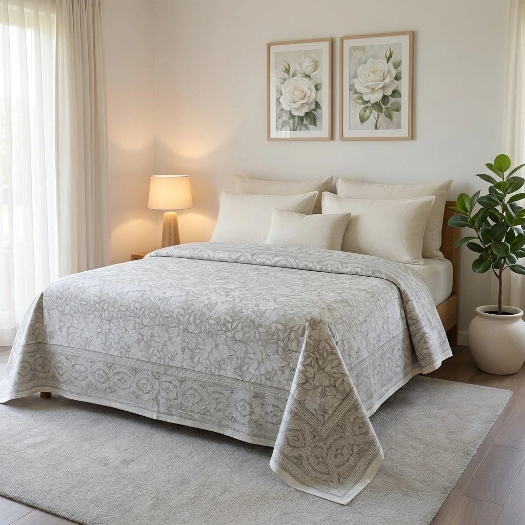 A neatly made bed in a softly lit bedroom, covered with a light beige patterned quilt and matching pillow shams. The room includes two framed floral prints above the bed, a lit bedside lamp, a potted plant, and a light rug.