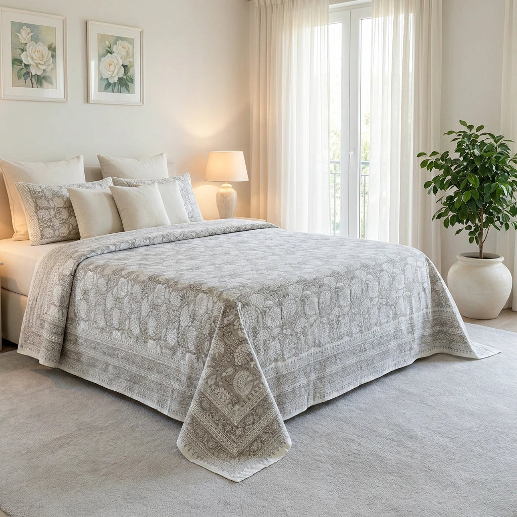 A light gray and white patterned quilted bedspread with matching shams and pillows, styled on a bed in a bright, modern bedroom with a window, curtains, and a potted plant.