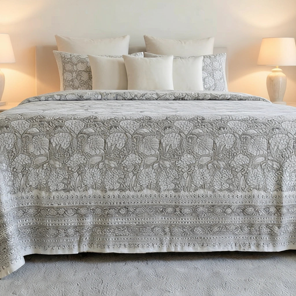 King Size Block Printed Percale Fine Cotton Bedspread with 2 Pillow Cases  | 100946