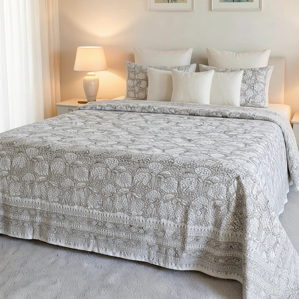 King Size Block Printed Percale Fine Cotton Bedspread with 2 Pillow Cases  | 100946