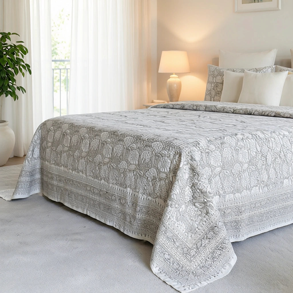King Size Block Printed Percale Fine Cotton Bedspread with 2 Pillow Cases  | 100946