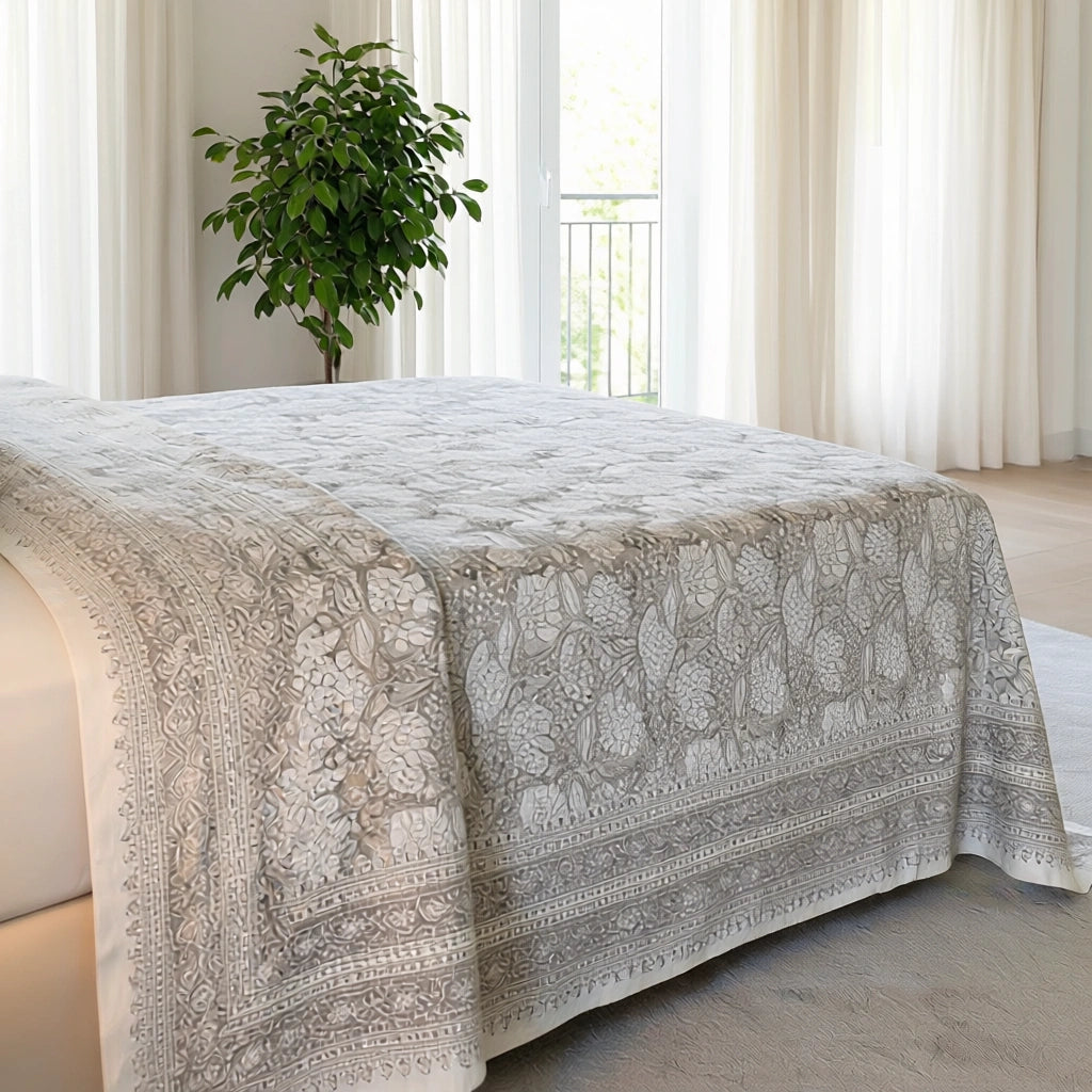 King Size Block Printed Percale Fine Cotton Bedspread with 2 Pillow Cases  | 100946