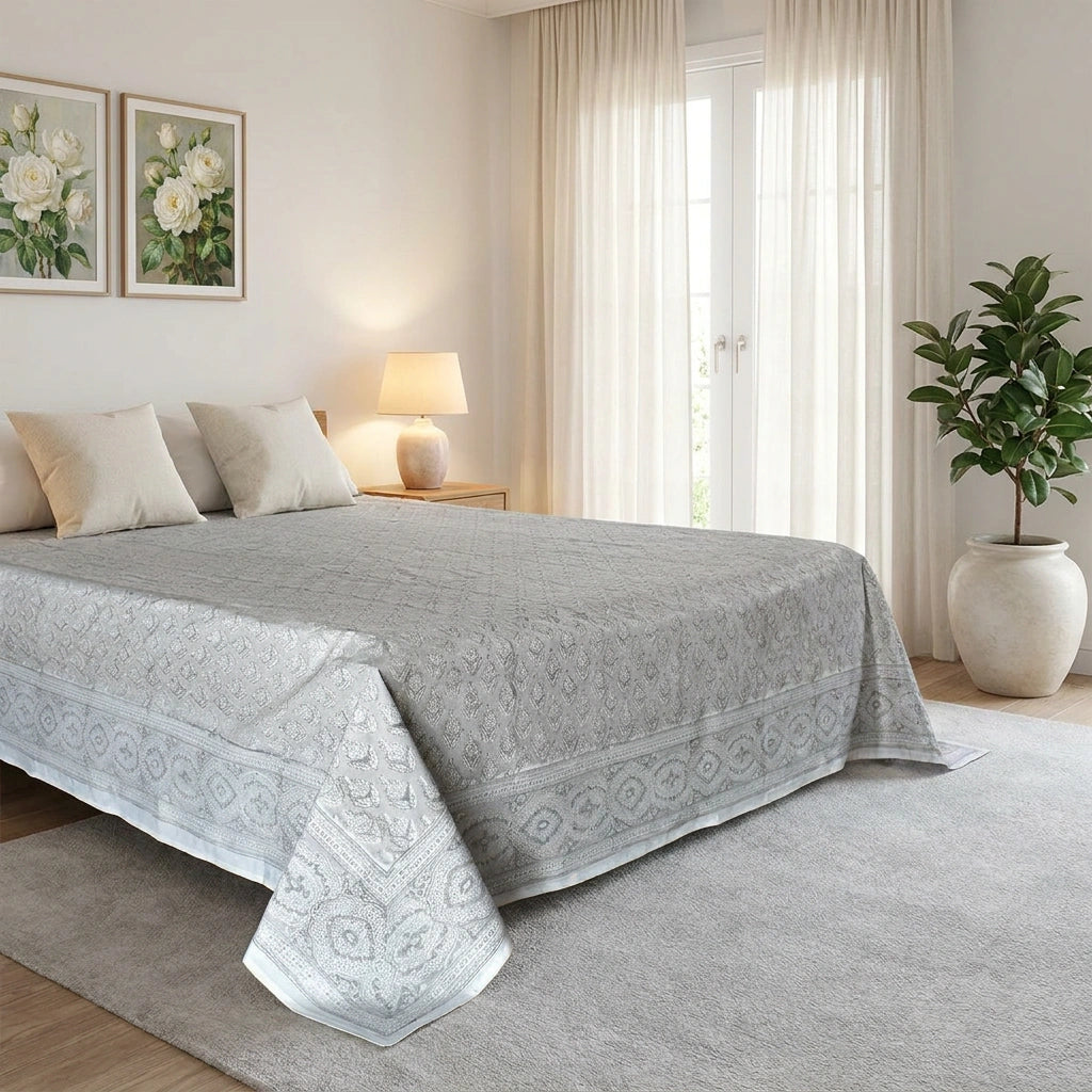 A light gray patterned bedspread with matching pillowcases styled on a bed in a bright, modern bedroom with beige walls, sheer curtains, a bedside lamp, and a potted plant.