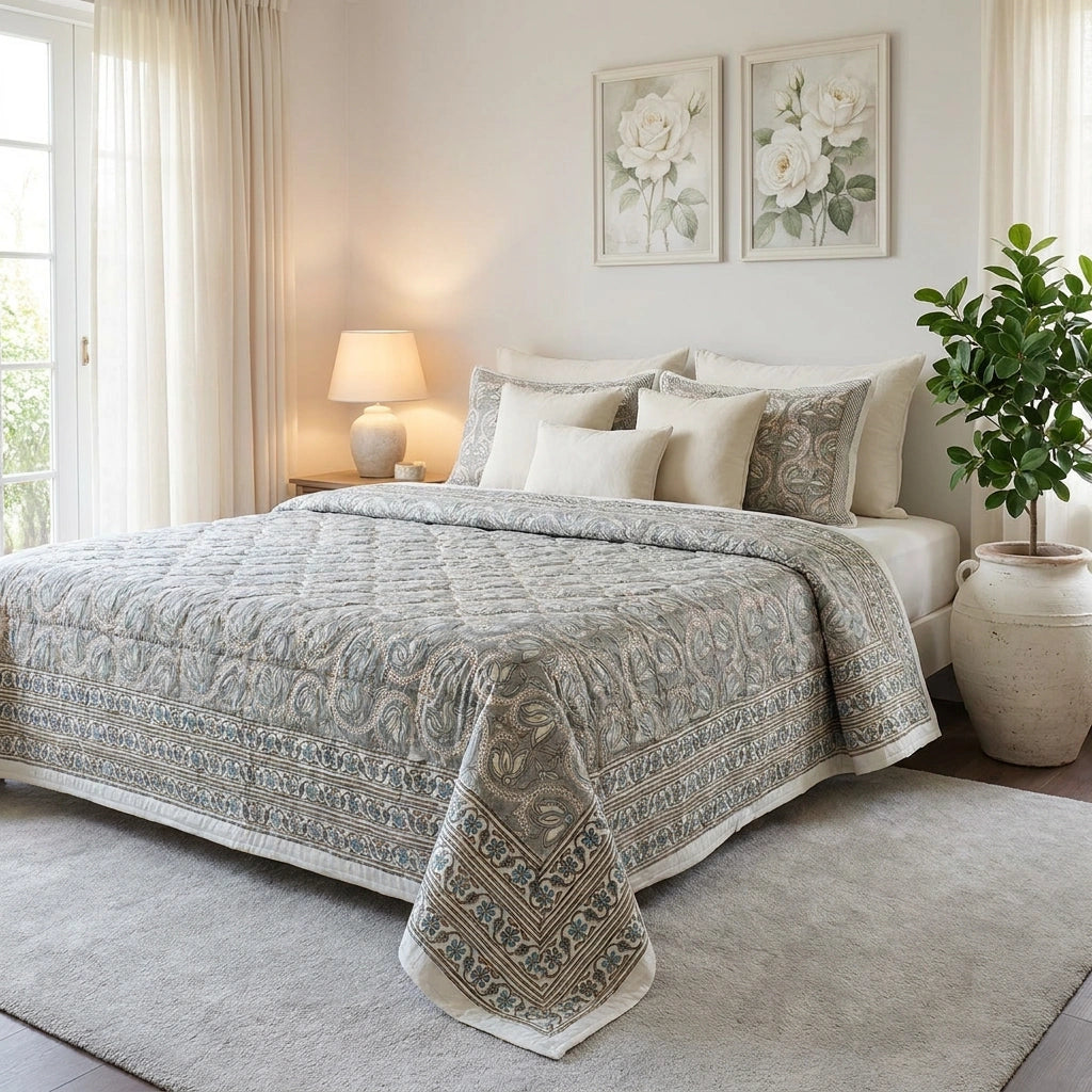 A neatly made bed in a bright, neutral-toned bedroom, covered with a patterned quilt and matching shams in beige, gray, and white. The room includes a nightstand with a lamp, two framed floral prints on the wall, a potted plant, and sheer curtains.