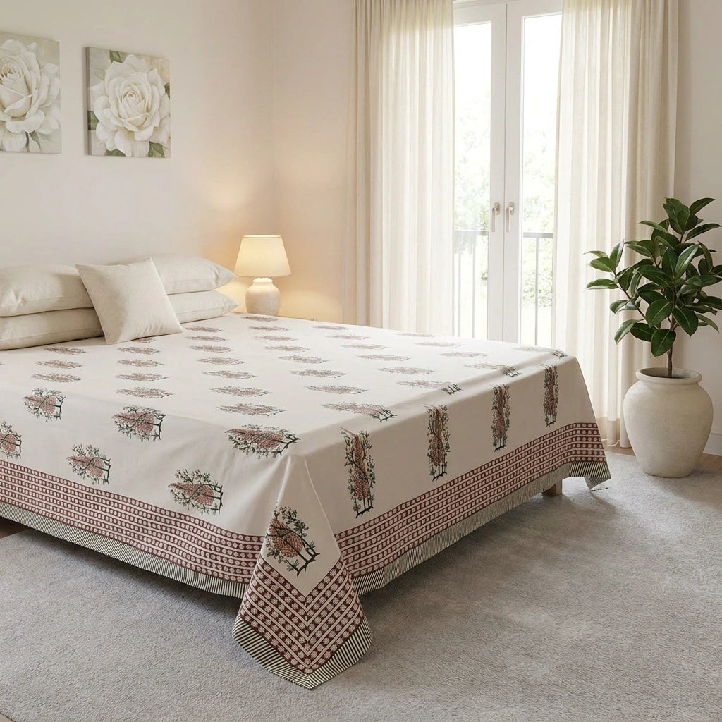 A bed dressed in a cream-colored cotton bedspread with a brown and red geometric border and floral motifs, styled in a bright, neutral-toned bedroom.