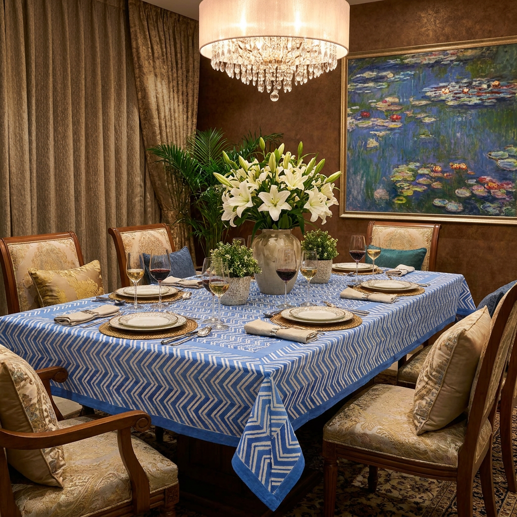 12 Seater Tablecloth ‚Äì 180x340 cms | Chevron Blue 107041