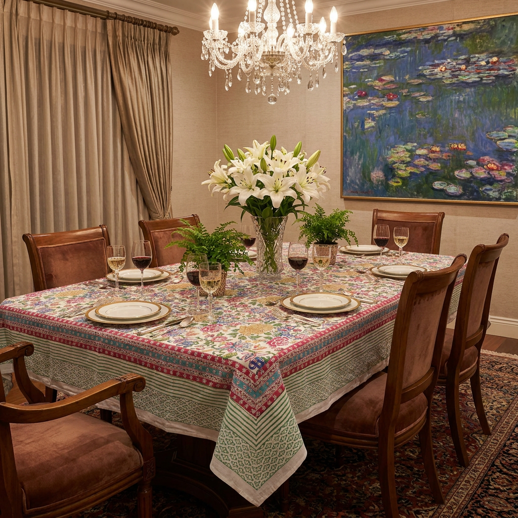 12 Seater Tablecloth ‚Äì 180x340 cms | Floral Canvas Blue Jade Open 106816