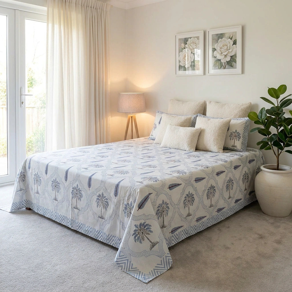 A bed dressed in a light cream quilted coverlet with a blue palm tree and leaf pattern, styled with matching cream pillows in a bright, modern bedroom.