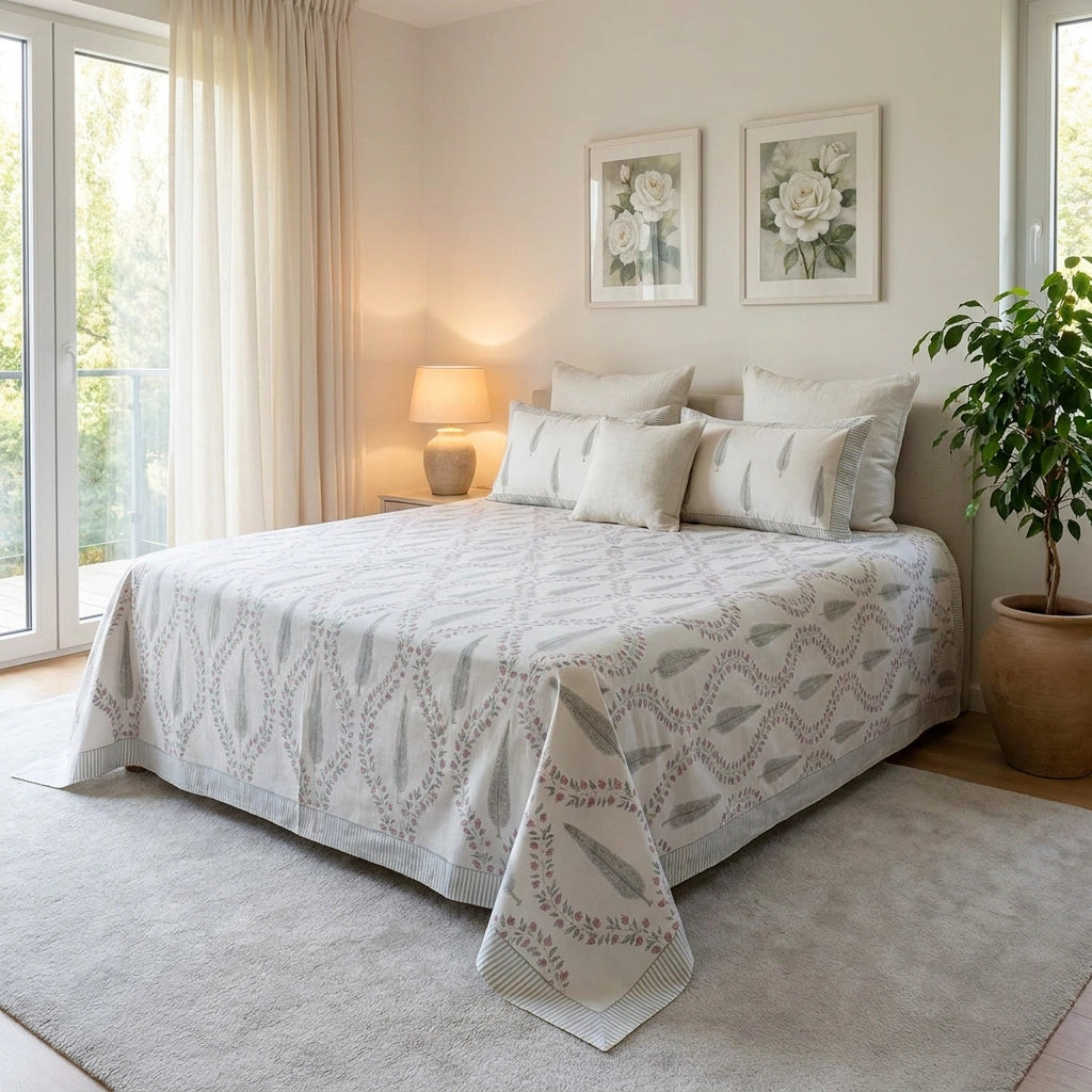 A neatly made bed in a bright, neutral-toned bedroom, covered with a light beige and white patterned quilt and matching pillow shams. Two matching floral wall prints hang above the headboard, with a lit bedside lamp, sheer curtains, a potted plant, and a light rug visible.