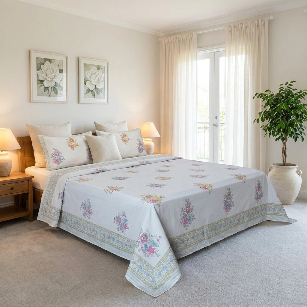 A neatly made bed in a bright bedroom, covered with a white quilted bedspread featuring a delicate pastel floral pattern and a decorative border. The room has cream walls, sheer curtains, bedside tables with lamps, two framed floral prints, and a potted plant.
