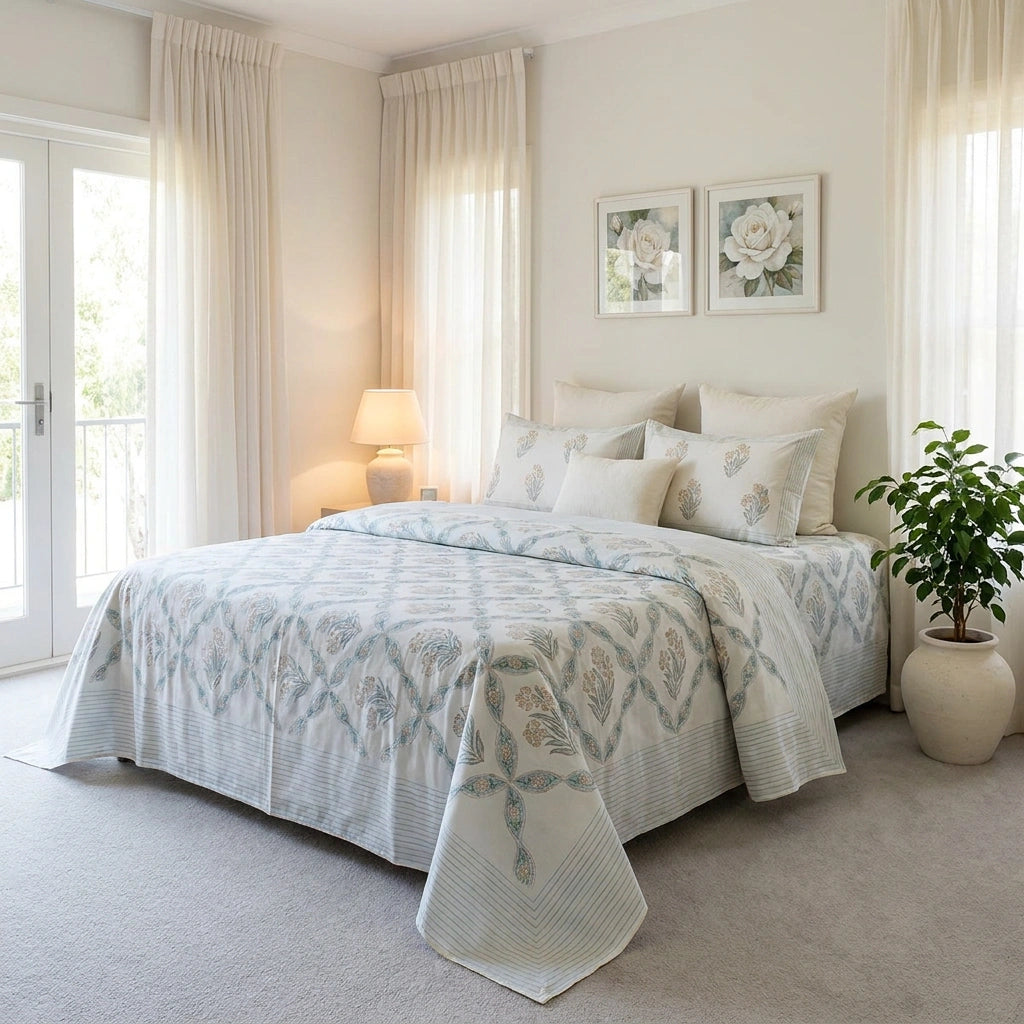 A neatly made bed in a bright, softly lit bedroom, dressed in a light blue and white patterned quilted comforter set with matching pillows. The room features cream curtains, a bedside lamp, framed floral wall art, and a potted plant.