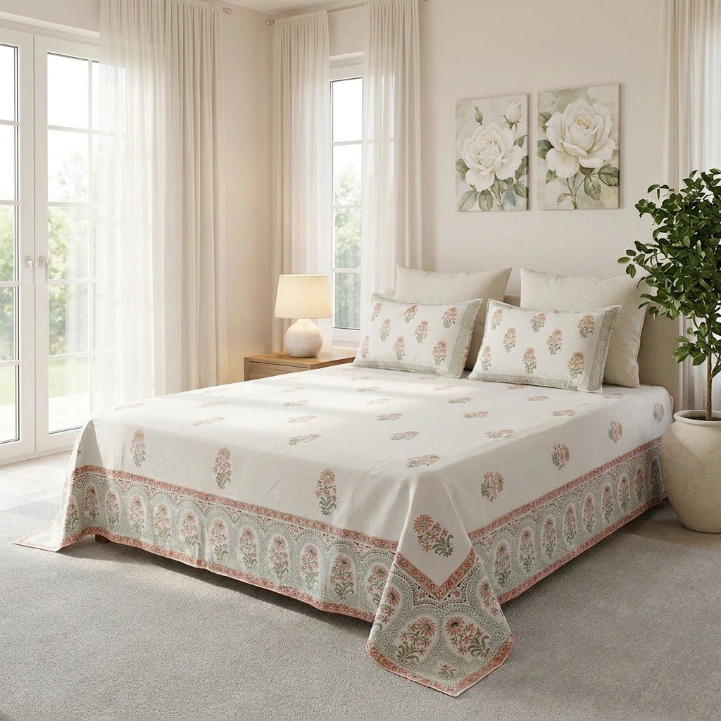A white cotton bedspread set with a floral and paisley pattern, styled on a bed in a bright, neutral-toned bedroom.