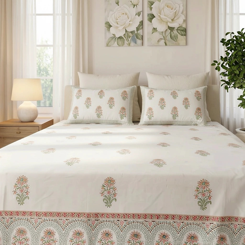 Intricate Handcrafted Patterns Cotton Bedspread with 2 Pillow Cases