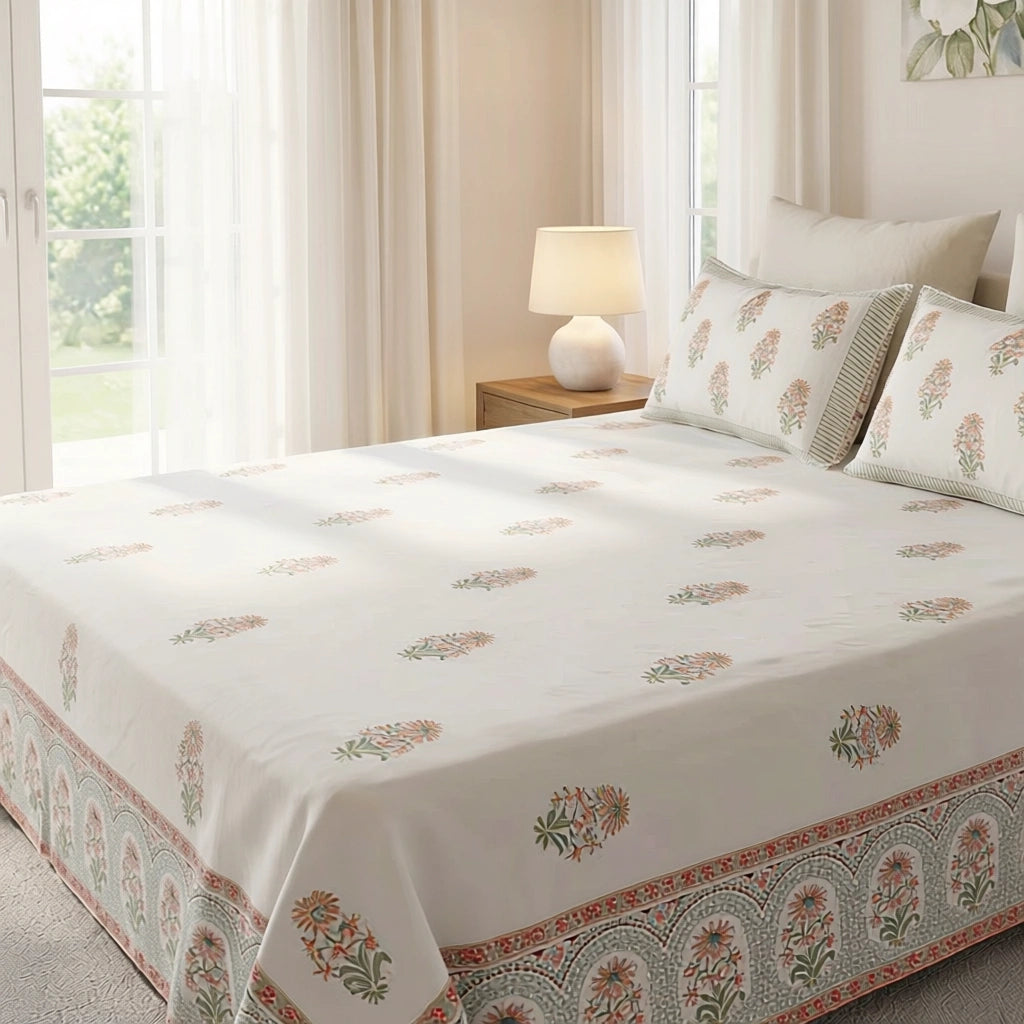 Intricate Handcrafted Patterns Cotton Bedspread with 2 Pillow Cases