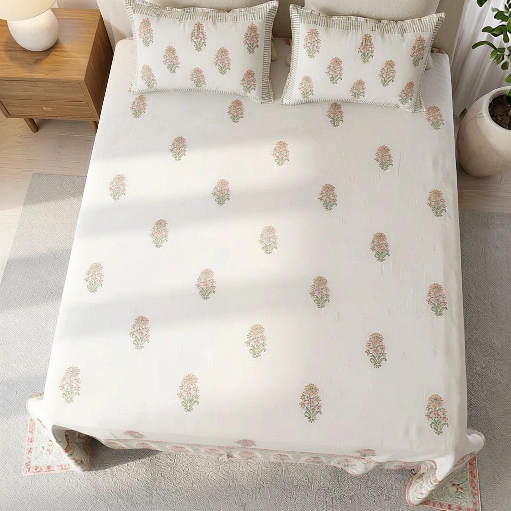 Intricate Handcrafted Patterns Cotton Bedspread with 2 Pillow Cases