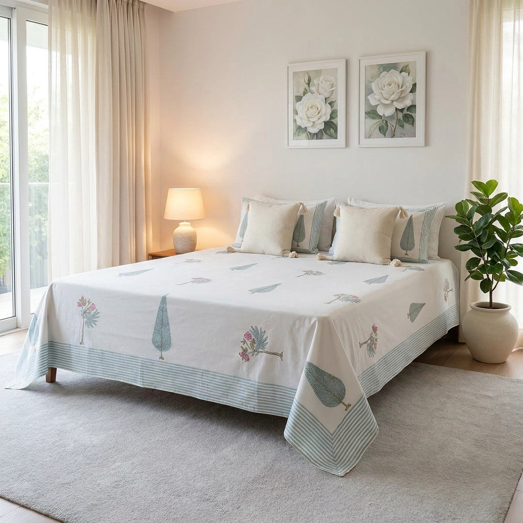 A neatly made bed in a softly lit bedroom, covered with a white quilted bedspread featuring pale blue striped borders and scattered botanical motifs. Matching pillows are arranged at the head, with a bedside lamp, framed floral wall art, sheer curtains, and a potted plant visible.