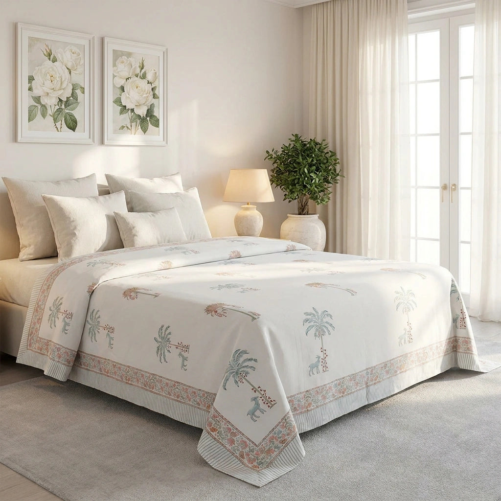 A neatly made bed in a bright, neutral-toned bedroom featuring a white quilted bedspread with a tropical print of palm trees, giraffes, and elephants, styled with matching white pillows and flanked by two white bedside lamps.