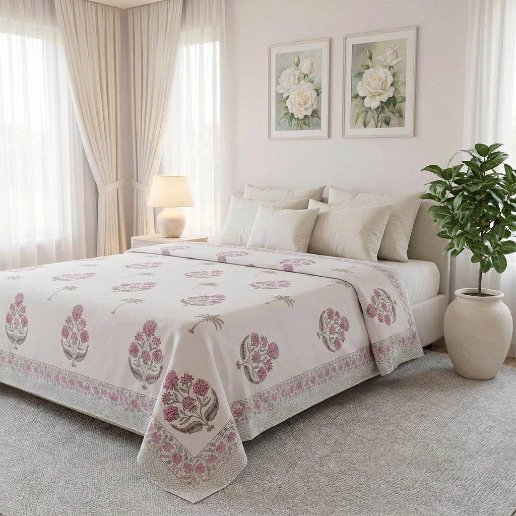 A neatly made bed in a softly lit bedroom, covered with a white or off-white quilted bedspread featuring pink and gray floral motifs and a decorative border. The room has beige curtains, a bedside lamp, two framed white-flower wall prints, and a potted plant in a ceramic pot.