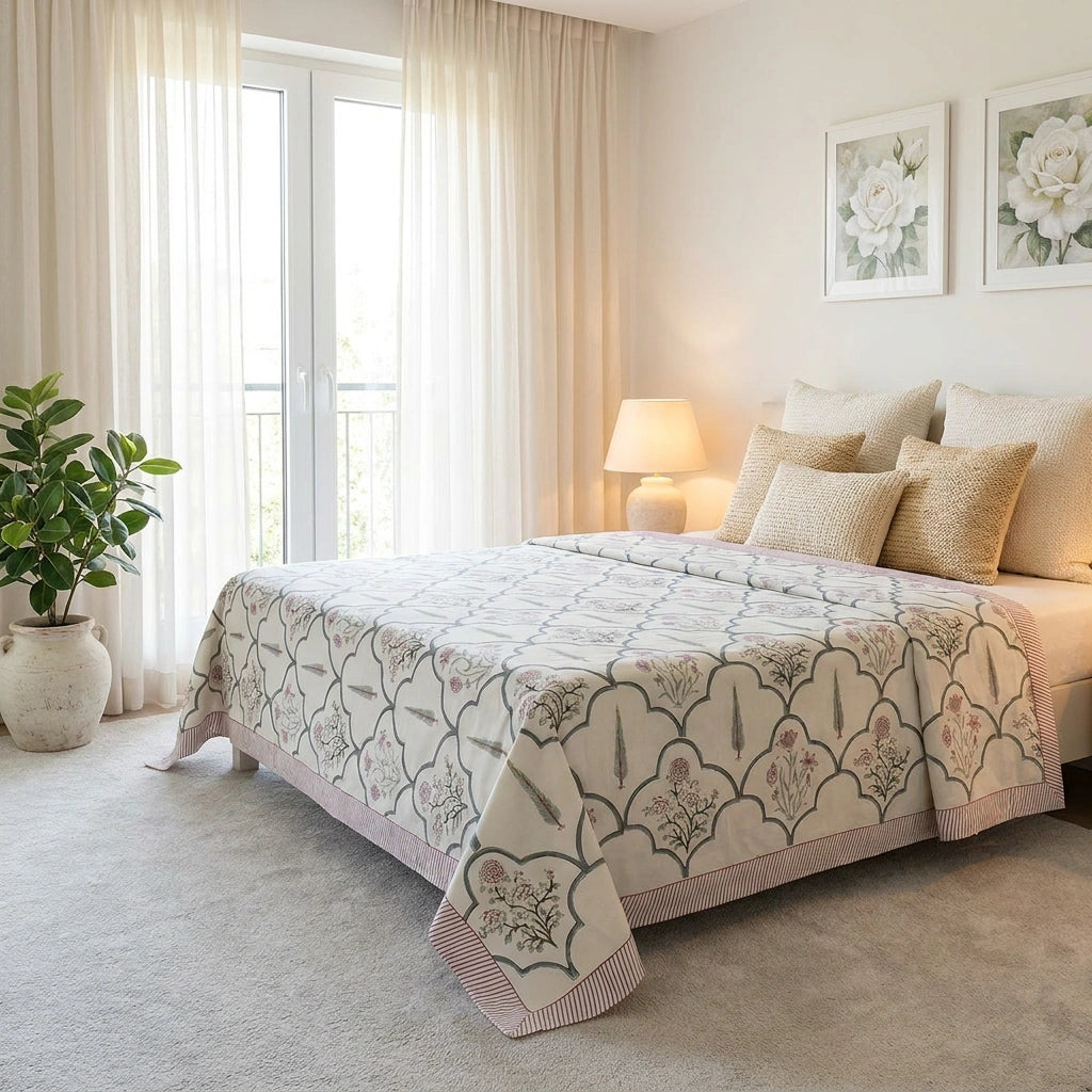 A beautifully styled bedroom featuring a bed dressed in a cream-colored quilted coverlet with a delicate gray and pink floral pattern, styled with matching beige pillows. The room has soft beige curtains, a lit bedside lamp, and a potted plant.