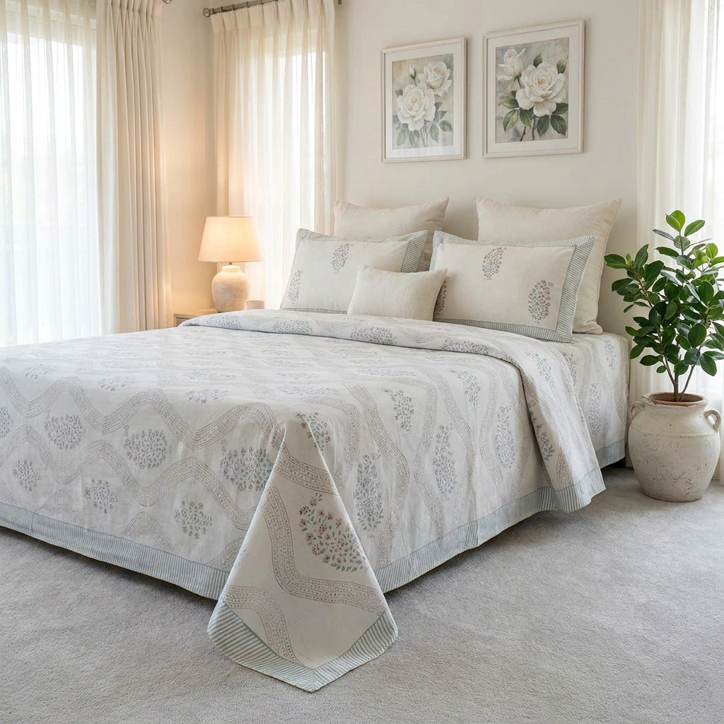 A neatly made bed in a softly lit bedroom, dressed with a light beige and white patterned quilt set and matching pillows. The room includes sheer curtains, a bedside lamp, framed floral wall art, and a potted plant on the floor.
