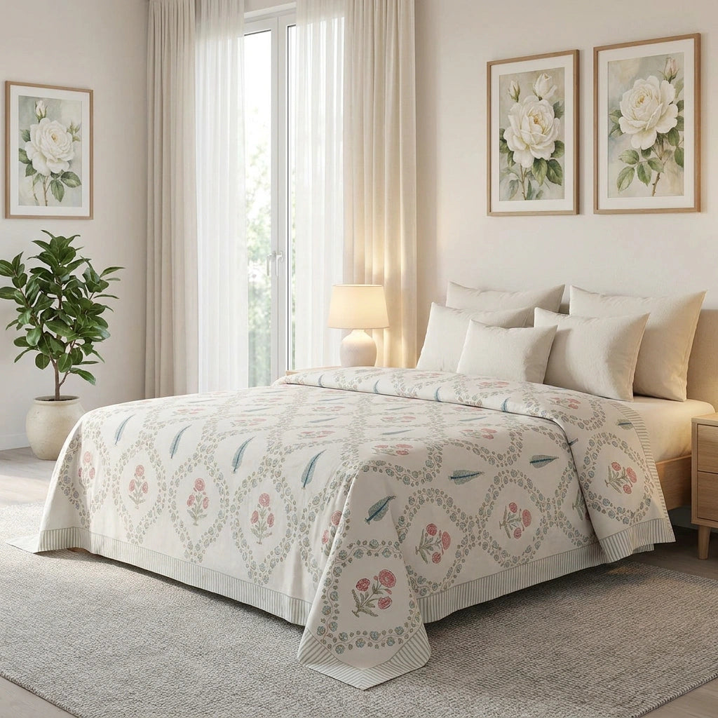 A beautifully styled bedroom featuring a bed dressed in a cream-colored quilted coverlet with a delicate floral and geometric pattern in muted pink, sage green, and blue. The room is decorated with neutral-toned walls, matching floral wall art, sheer curtains, a potted plant, and a bedside table.