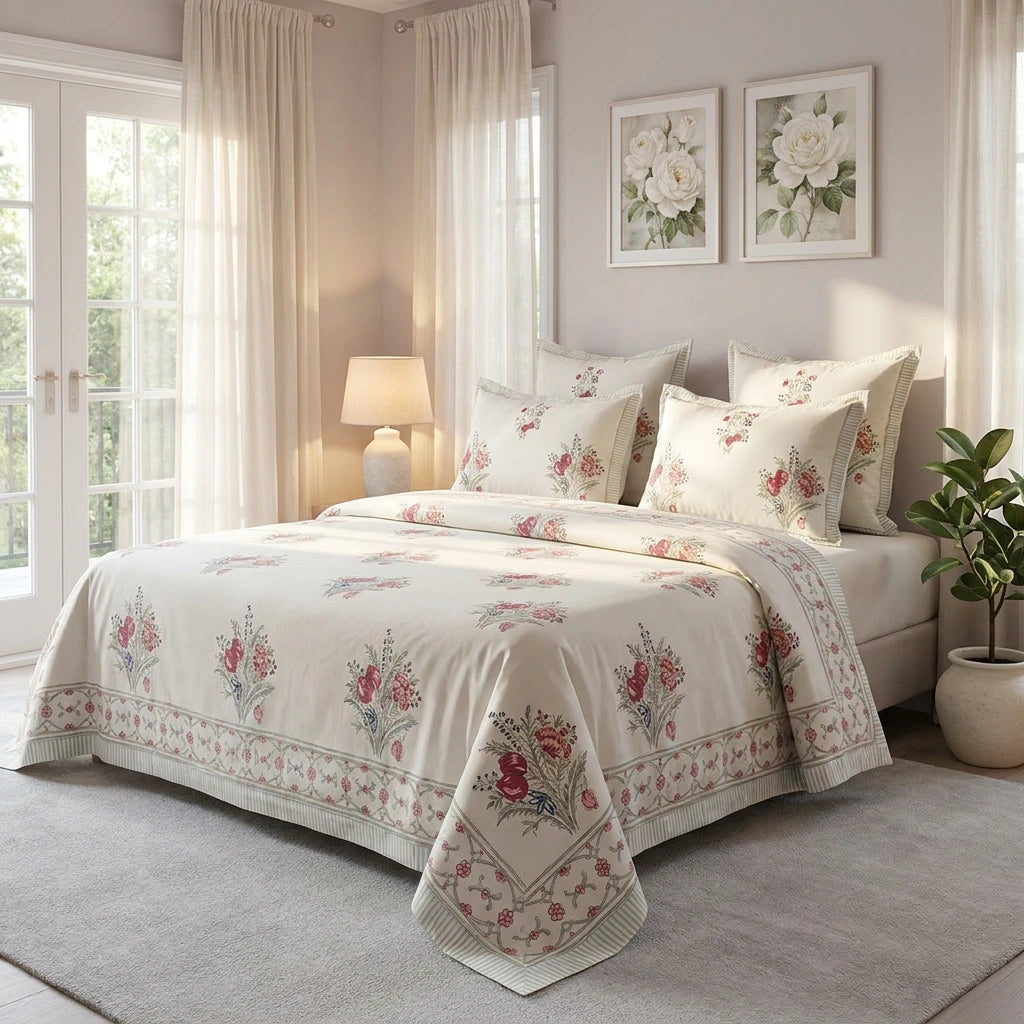 A floral quilted bedding set with matching pillow shams on a bed in a bright, neutral-toned bedroom. The cream-colored bedding features delicate pink and green floral prints and a decorative border.