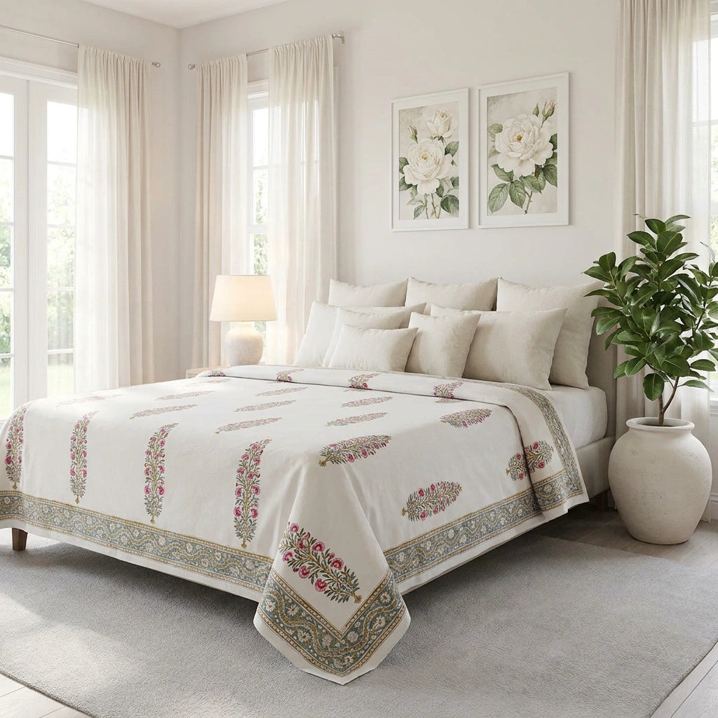 A cream-colored quilted bedspread with intricate floral and botanical patterns and a decorative border, styled on a bed in a bright, neutral-toned bedroom.
