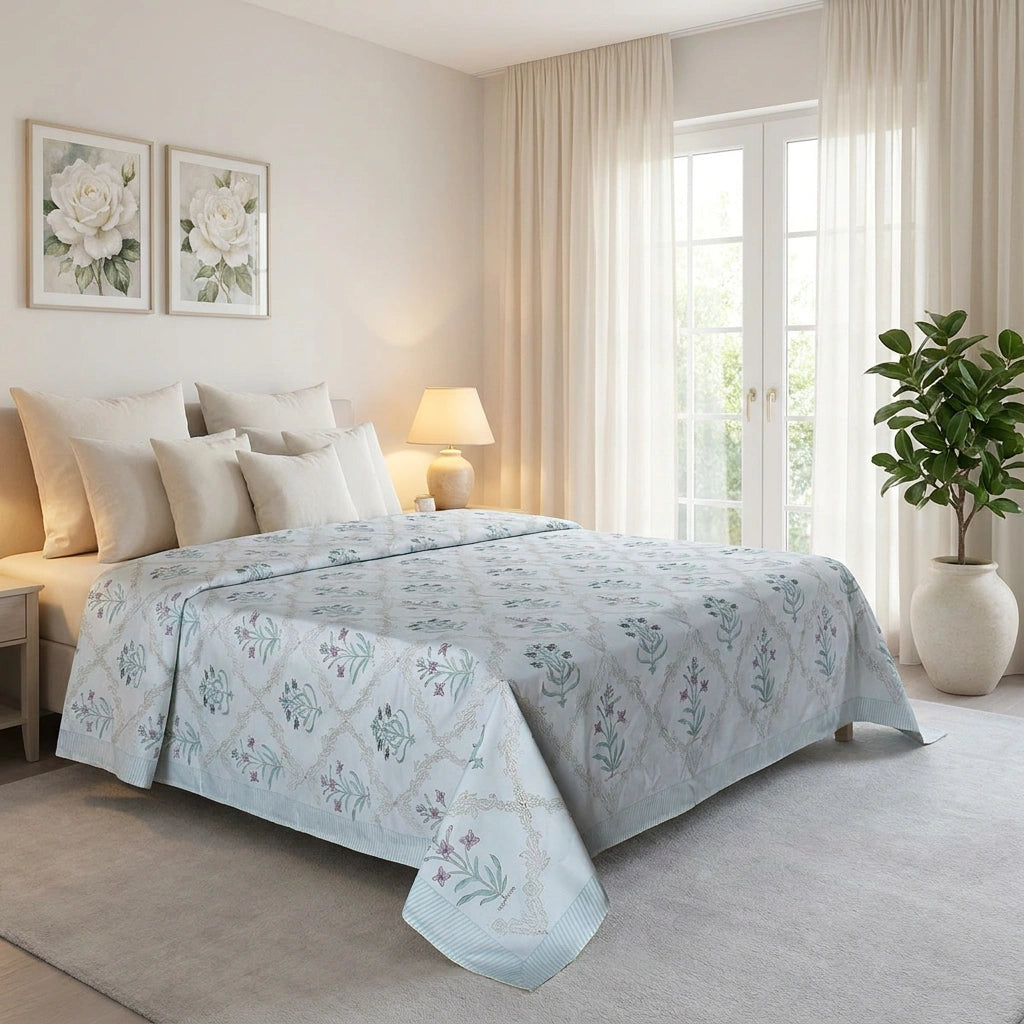 A light blue and white patterned quilted bedspread set on a bed in a bright, modern bedroom with beige walls, sheer curtains, and a potted plant.