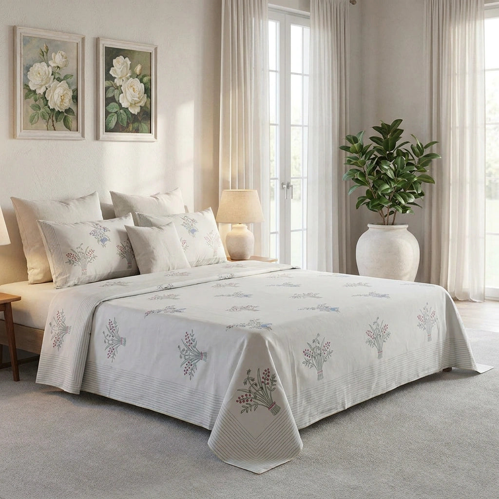 Traditional Indian Block Print Cotton Bedsheet with 2 Pillow Cases
