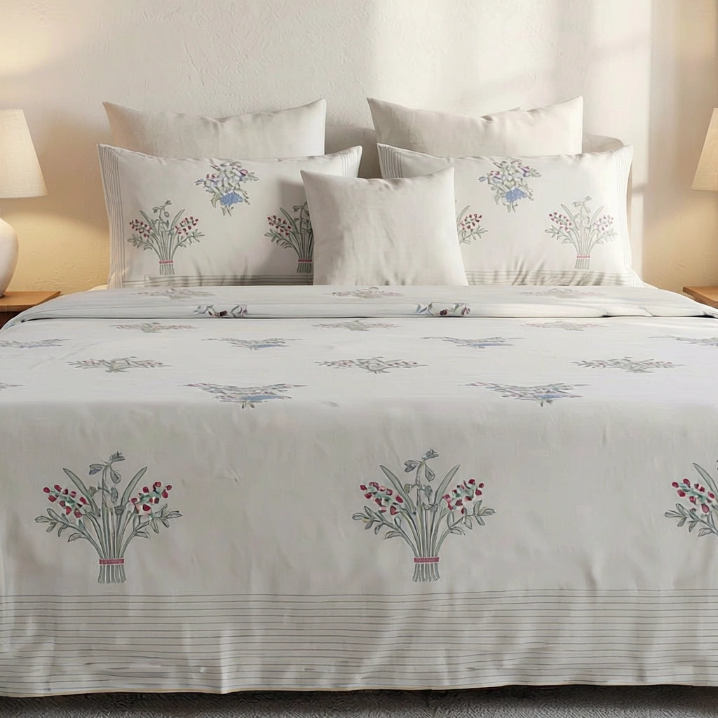 Traditional Indian Block Print Cotton Bedsheet with 2 Pillow Cases