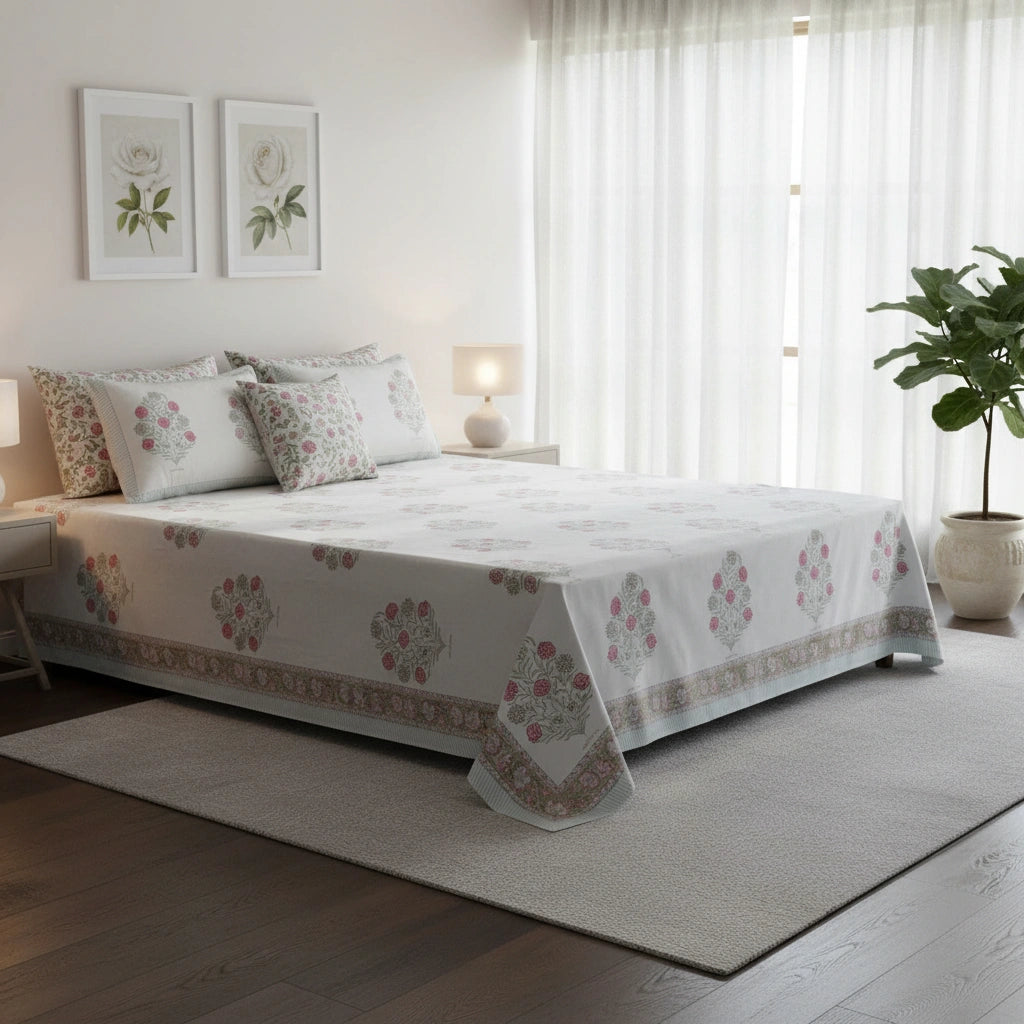 A white bedspread with pink and green floral patterns and a decorative border, styled on a bed in a bright, modern bedroom with white curtains, bedside tables, and a potted plant.