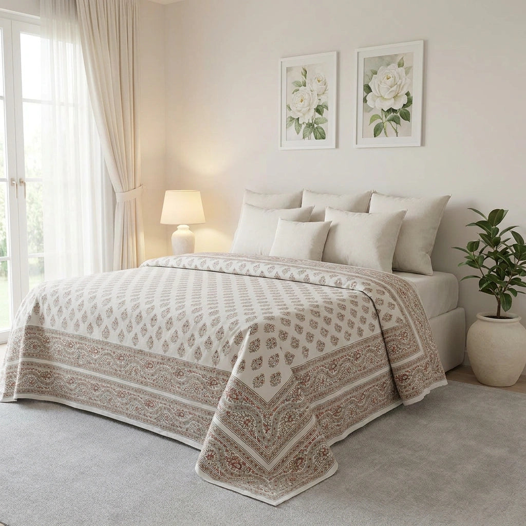 A beige and white patterned quilted comforter set on a bed in a softly lit, neutral-toned bedroom. The bedding features a geometric and floral motif with a decorative border, styled with matching pillows and a draped corner showing the reverse pattern.