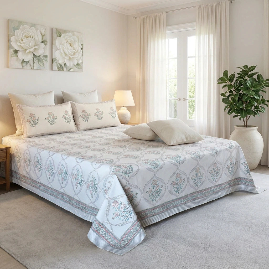 A light beige and white cotton quilt set with a blue and green floral pattern, styled on a bed in a bright, neutral-toned bedroom.