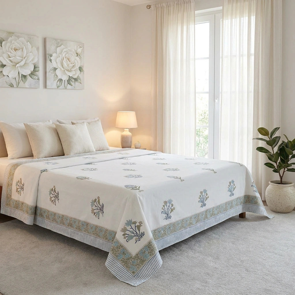 A white cotton bedspread with blue and green floral embroidery and a patterned border, styled on a bed in a bright, neutral-toned bedroom.