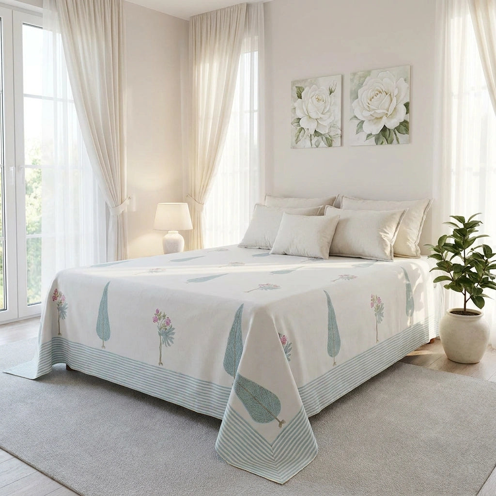 A bed dressed in a white printed bedspread with pale blue leaf motifs and striped borders, styled in a bright, neutral-toned bedroom with sheer curtains, a side table lamp, wall art, and a potted plant.