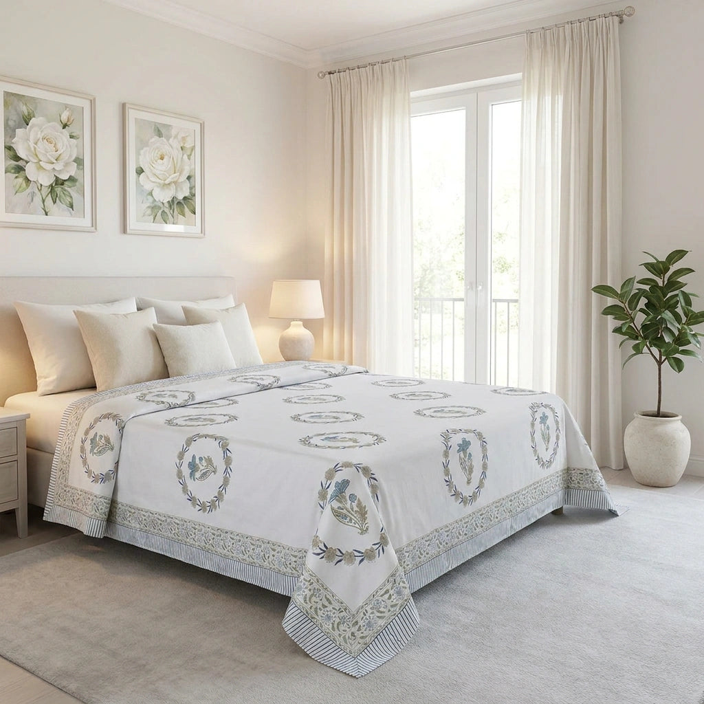 A neatly made bed in a bright, neutral-toned bedroom, covered with a white quilted bedspread featuring blue-gray floral and oval medallion motifs, styled with matching pillows and a folded matching throw at the foot of the bed.