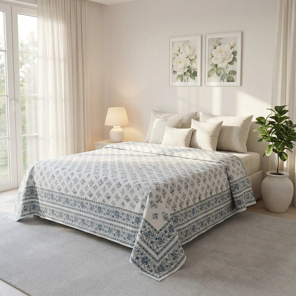 A light blue and white patterned quilted bedspread set on a bed in a bright, modern bedroom with neutral beige walls, a bedside lamp, and a potted plant.