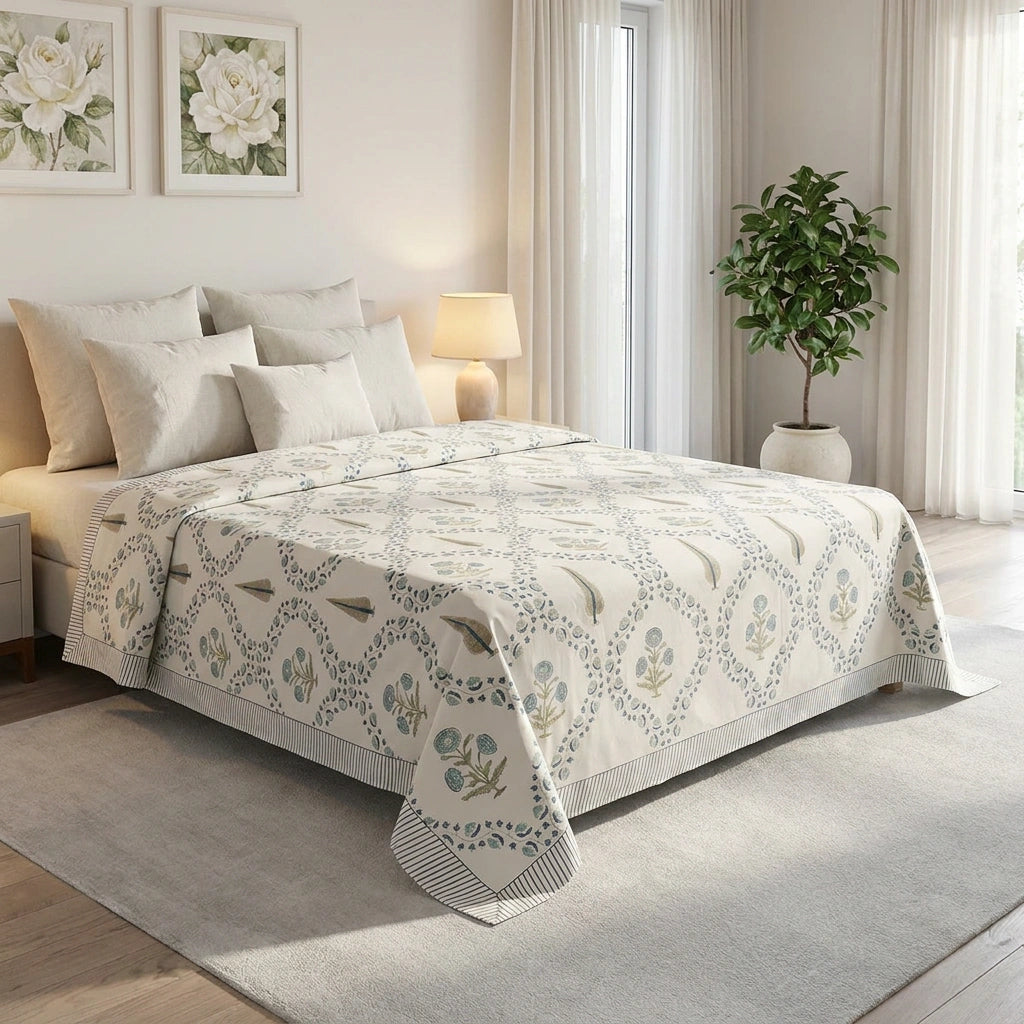 A neatly made bed in a bright, modern bedroom featuring a cream-colored quilt with a detailed botanical and geometric pattern in muted sage green and gray. The bed is styled with matching cream pillows and a light gray textured rug on a wooden floor.