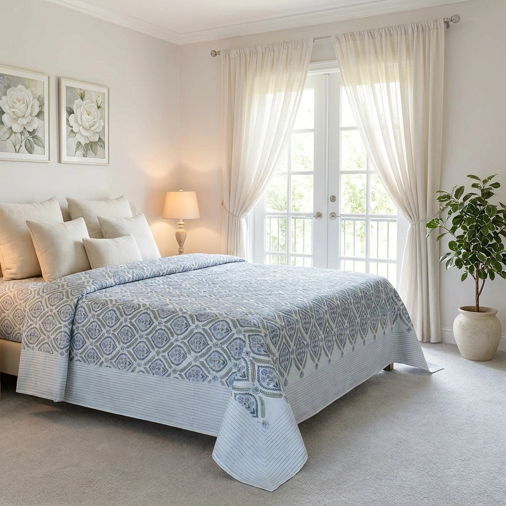 A neatly made bed in a bright, softly lit bedroom, dressed with a light blue and white patterned quilt and matching pillows. The room has cream curtains, a bedside lamp, framed floral wall art, and a potted plant.