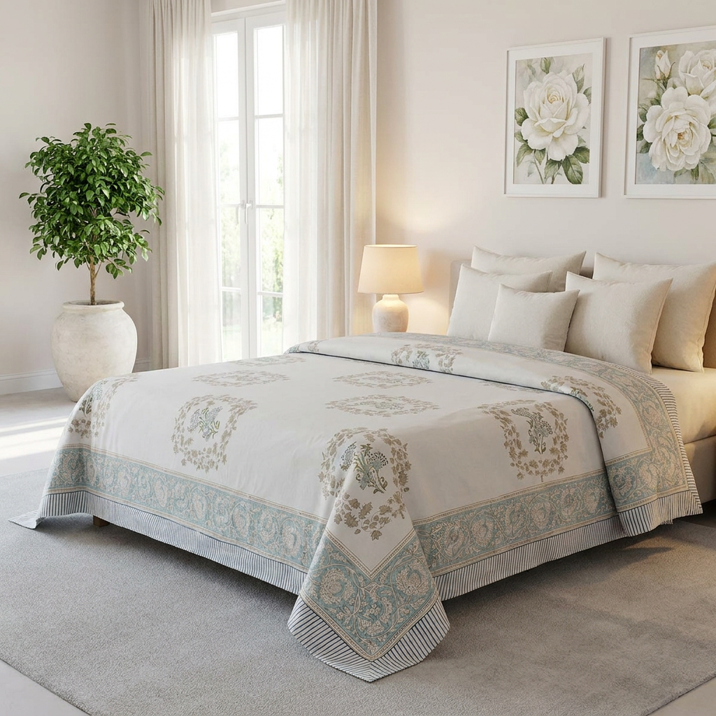 King Size Block Printed Percale Fine Cotton Bedspread with 2 Pillow Cases  | 200833