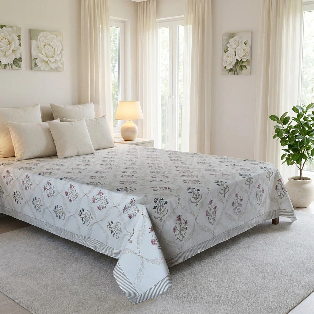 A light gray and white patterned bedspread with matching pillows styled on a bed in a bright, modern bedroom with cream curtains, a bedside lamp, and wall art.