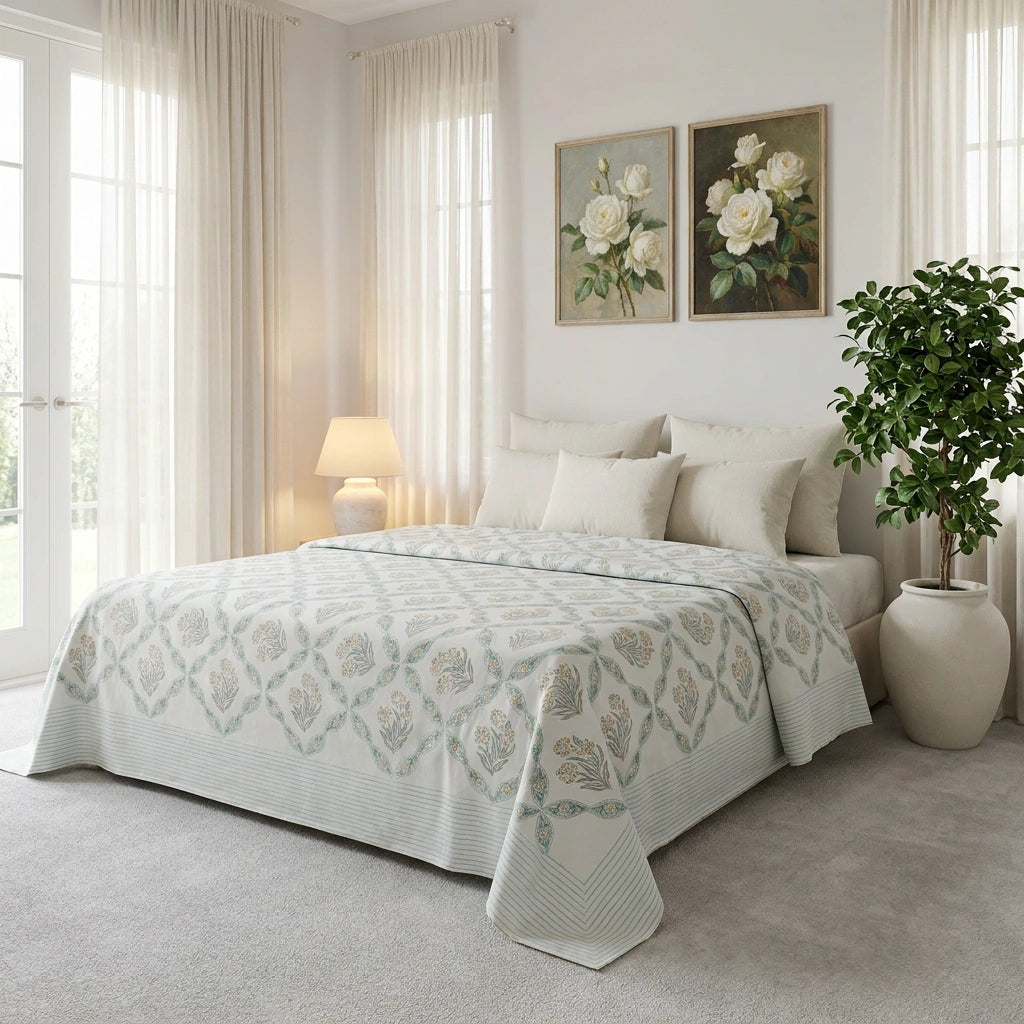 A neatly made bed in a bright, neutral-toned bedroom, covered with a light beige and white patterned quilt and matching pillow shams. The room features two framed rose paintings on the wall, sheer curtains, a bedside lamp, and a potted plant.
